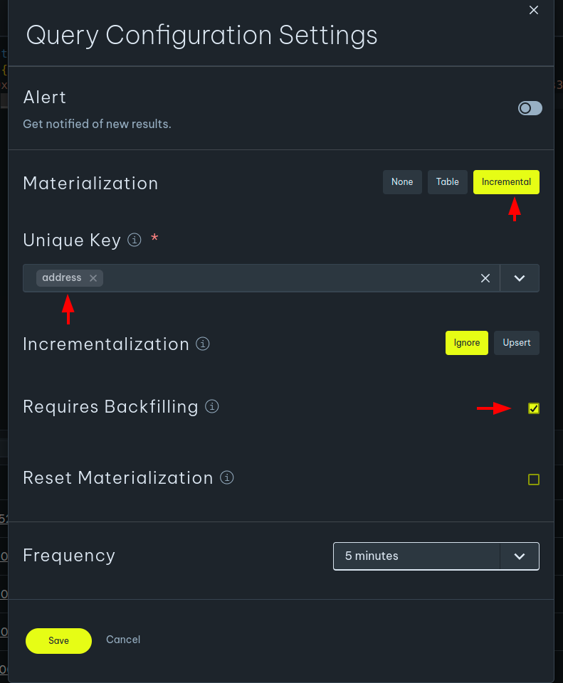 Incrementalization and Backfilling settings showing the above