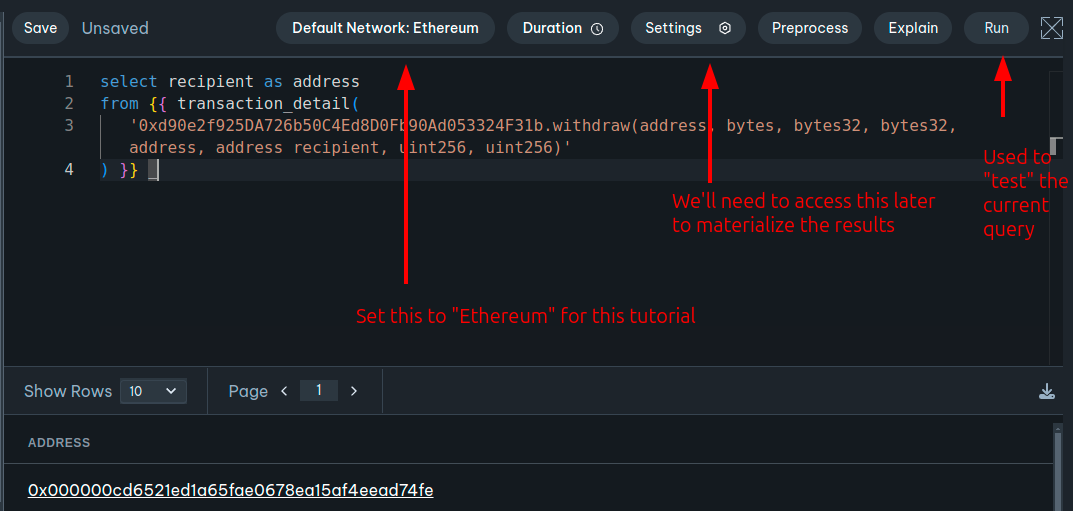 The query editor, showing the Tornado Cash Recipients, and the buttons that access the settings